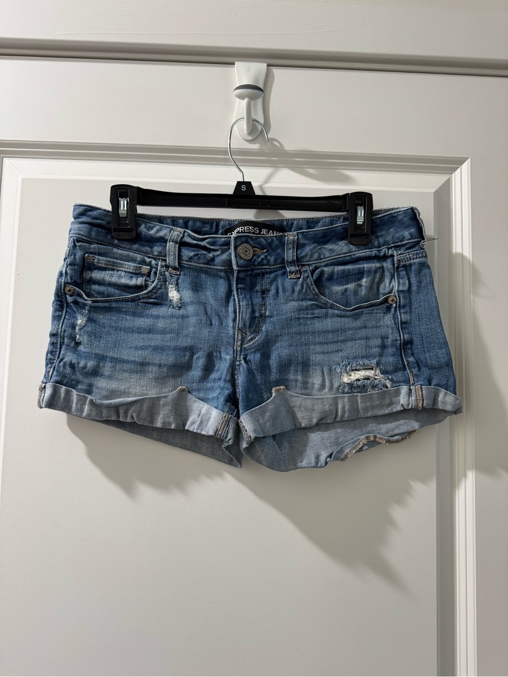 Express Light Blue Rolled-Hem Distressed Jean Shorts